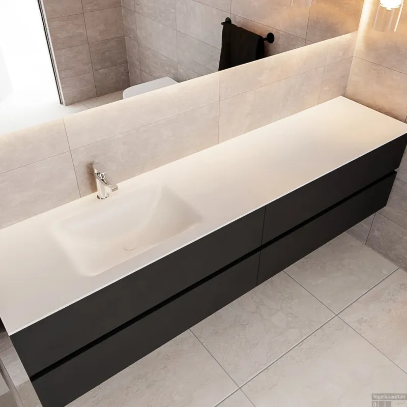 Badkamermeubel Solid Surface BWS Oslo 200x45 cm Mat Zwart Urban Links (1 kraangat, 4 lades) Premium