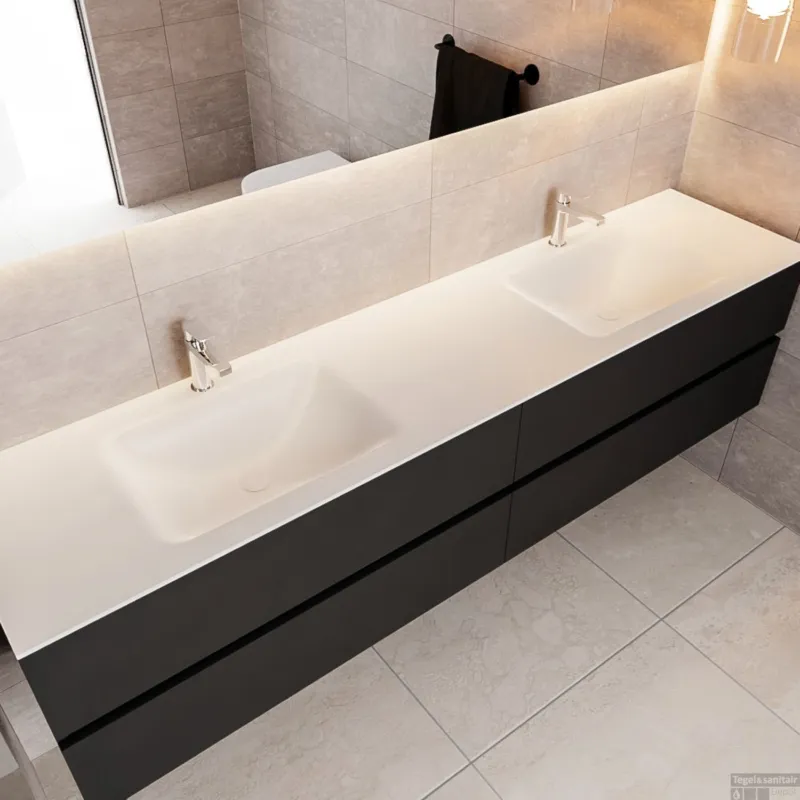Badkamermeubel Solid Surface BWS Oslo 200x45 cm Mat Zwart Urban Dubbel (2 kraangaten, 4 lades) Exclusieve Aanbieding