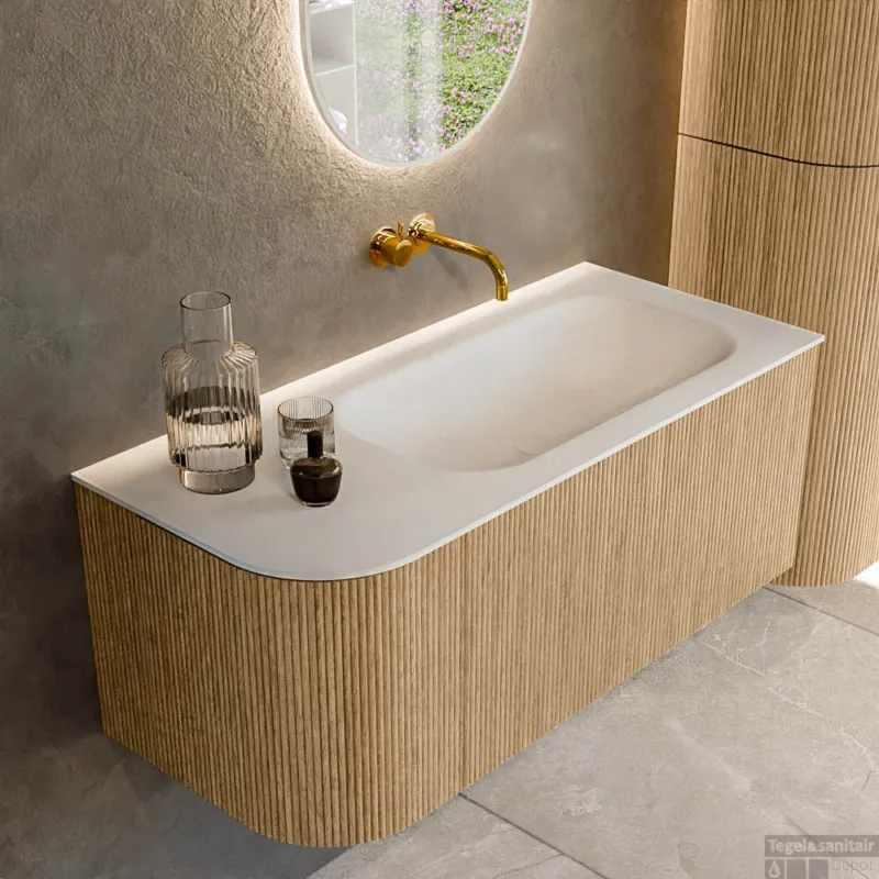 Mondiaz KURVE 105 cm Onderkast Greeploos 1 Lade Met Deuren Oak, Wastafel Solid Surface Rechts Talc 0 Kraangaten Zonder Spiegel (KRVBGS105L1L1D0KR-Oak/Tal) Nieuw