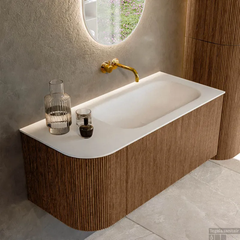Korting Mondiaz KURVE 105 cm Onderkast Greeploos 1 Lade Met Deuren Walnut, Wastafel Solid Surface Rechts Talc 0 Kraangaten Zonder Spiegel (KRVBGS105L1L1D0KR-Wal/Tal)