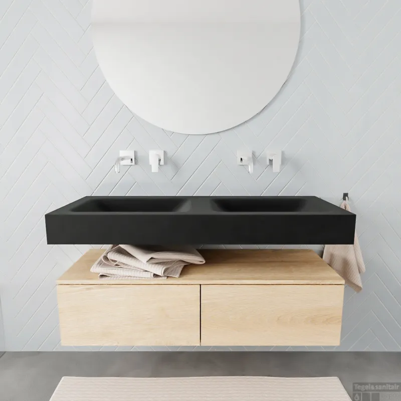 Bestseller Badmeubel Ibiza 120 cm Washed Oak Twee Lades Spoelbak Dubbel Mat Zwart (0 kraangaten)