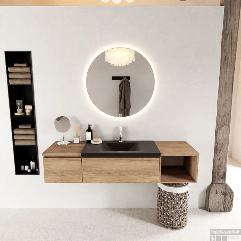MONDIAZ BUKLA 160cm badmeubel met open module 40 rechts kleur Washed Oak met 2 lades. Wastafel CLOUD midden 1 kraangat kleur Urban. Express Levering
