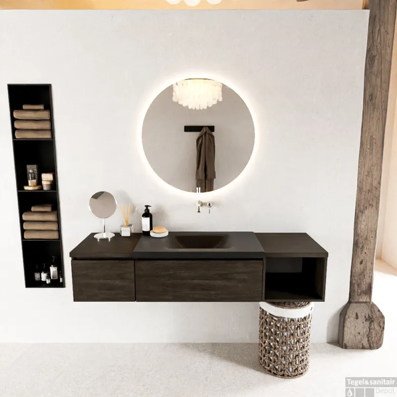 Gratis Retour MONDIAZ BUKLA 160cm badmeubel met open module 40 rechts kleur Dark Brown met 2 lades. Wastafel CLOUD midden 0 kraangaten kleur Urban.