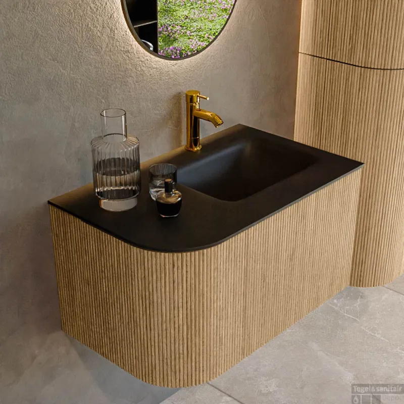 Weekendaanbieding Mondiaz KURVE 75 cm Onderkast Greeploos 1 Lade Met Deuren Oak, Wastafel Solid Surface Rechts Urban 1 Kraangat Zonder Spiegel (KRVGRU75L1L1D1KR-Oak/Urb)