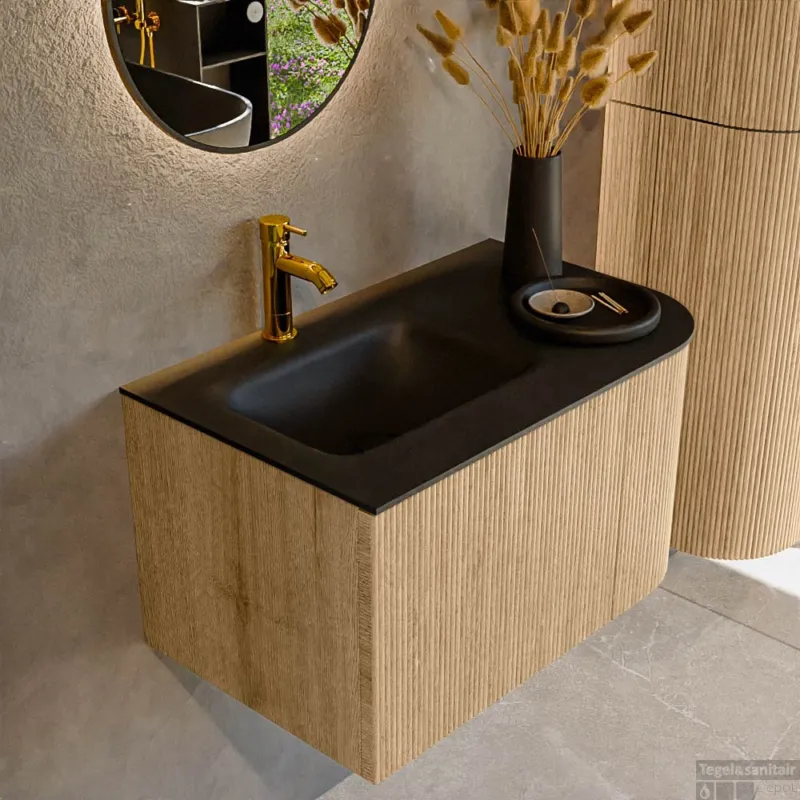Flitsaanbieding Mondiaz KURVE 75 cm Onderkast Greeploos 1 Lade Met Deuren Oak, Wastafel Solid Surface Links Urban 1 Kraangat Zonder Spiegel (KRVGRU75R1L1D1KL-Oak/Urb)