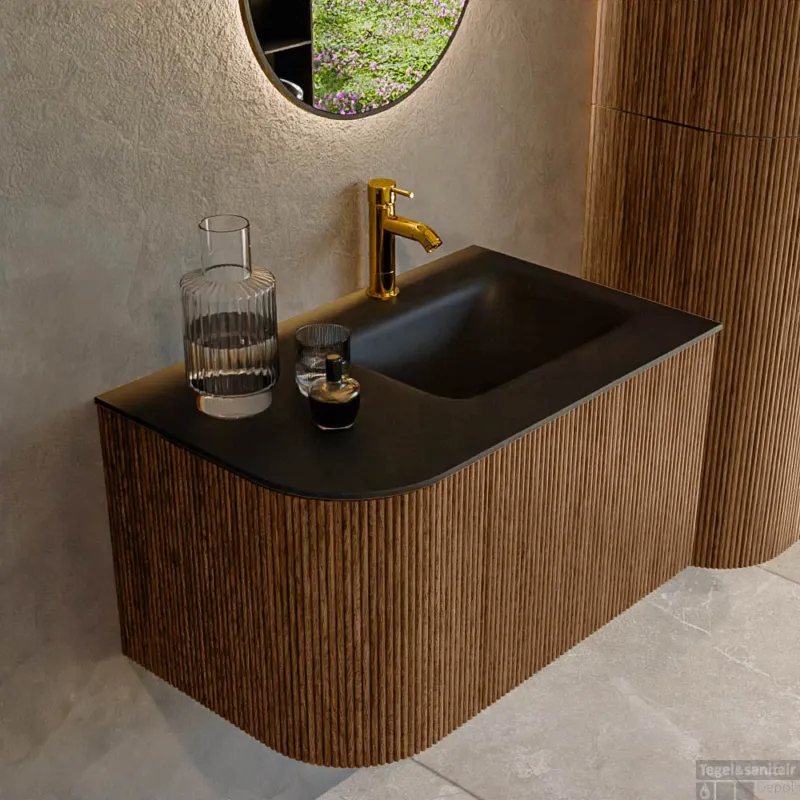 Hete Deal Mondiaz KURVE 75 cm Onderkast Greeploos 1 Lade Met Deuren Walnut, Wastafel Solid Surface Rechts Urban 1 Kraangat Zonder Spiegel (KRVGRU75L1L1D1KR-Wal/Urb)