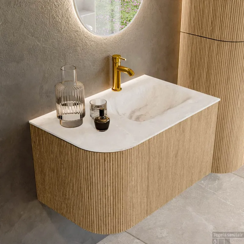 Dagaanbieding Mondiaz KURVE-DLUX 75 cm Onderkast Greeploos 1 Lade Met Deuren Oak, Wastafel Solid Surface Rechts Frappe 1 Kraangat Zonder Spiegel (KRVGRU75L1L1D1KR-Oak/Fra)