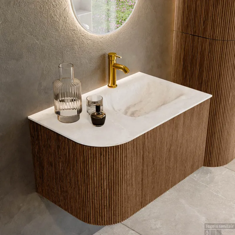 Bestseller Mondiaz KURVE-DLUX 75 cm Onderkast Greeploos 1 Lade Met Deuren Walnut, Wastafel Solid Surface Rechts Frappe 1 Kraangat Zonder Spiegel (KRVGRU75L1L1D1KR-Wal/Fra)