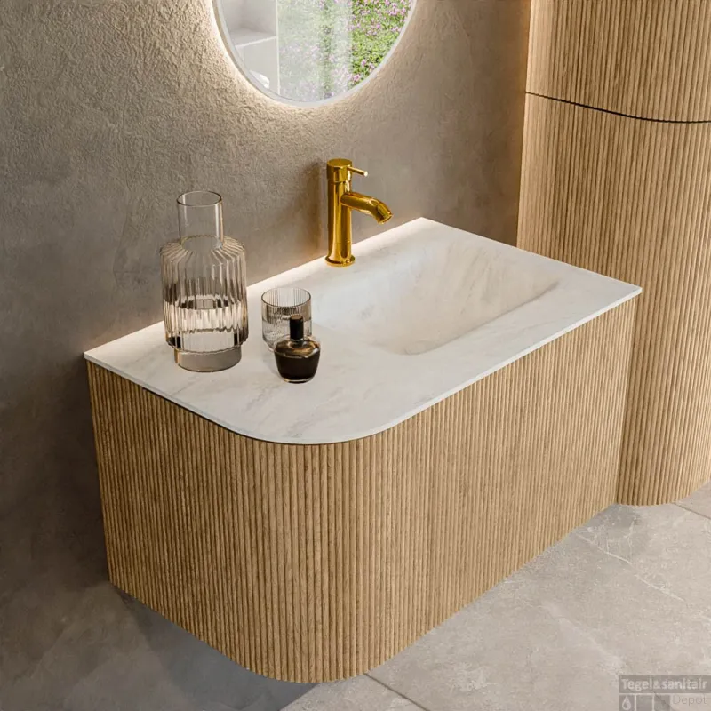 Mondiaz KURVE-DLUX 75 cm Onderkast Greeploos 1 Lade Met Deuren Oak, Wastafel Solid Surface Rechts Opalo 1 Kraangat Zonder Spiegel (KRVGRU75L1L1D1KR-Oak/Opa) Bestseller