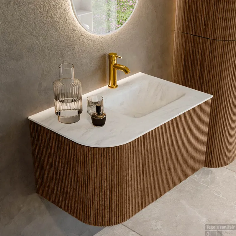 Hoge Kwaliteit Mondiaz KURVE-DLUX 75 cm Onderkast Greeploos 1 Lade Met Deuren Walnut, Wastafel Solid Surface Rechts Opalo 1 Kraangat Zonder Spiegel (KRVGRU75L1L1D1KR-Wal/Opa)