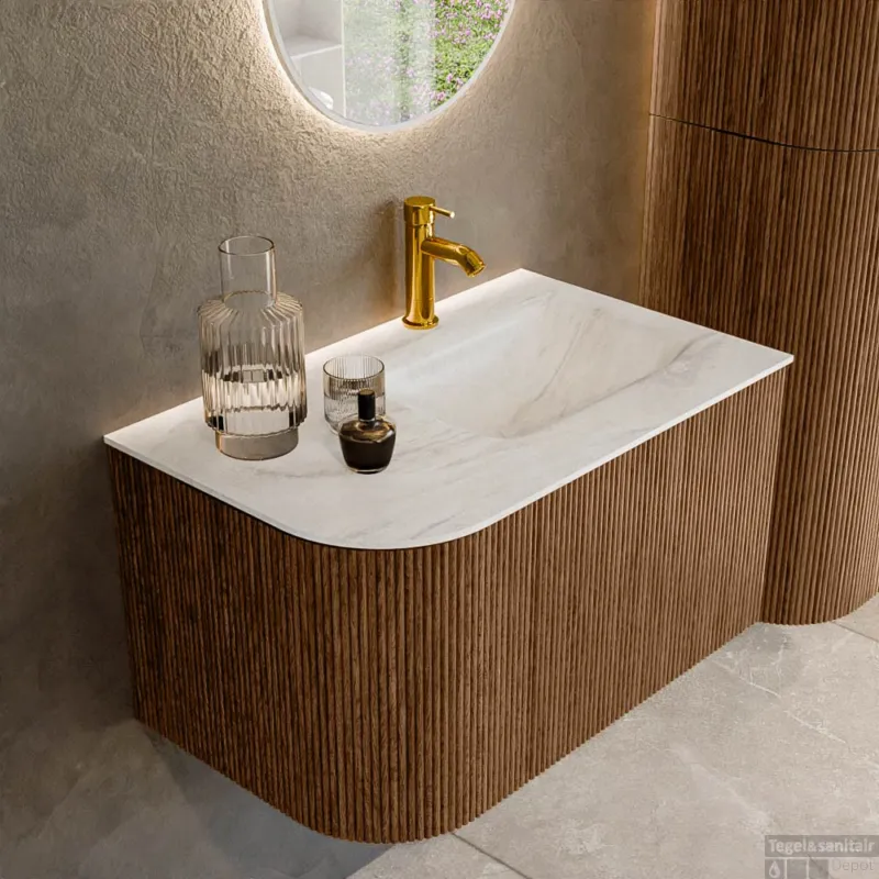 Exclusieve Aanbieding Mondiaz KURVE-DLUX 75 cm Onderkast Greeploos 1 Lade Met Deuren Walnut, Wastafel Solid Surface Rechts Ostra 1 Kraangat Zonder Spiegel (KRVGRU75L1L1D1KR-Wal/Ost)