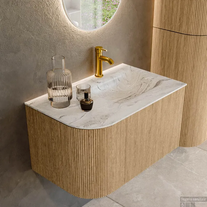Meest Verkocht Mondiaz KURVE-DLUX 75 cm Onderkast Greeploos 1 Lade Met Deuren Oak, Wastafel Solid Surface Rechts Glace 1 Kraangat Zonder Spiegel (KRVGRU75L1L1D1KR-Oak/Gla)