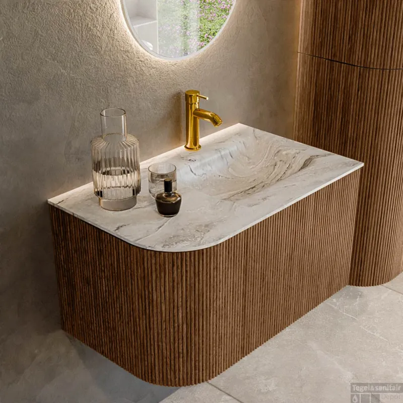 Mondiaz KURVE-DLUX 75 cm Onderkast Greeploos 1 Lade Met Deuren Walnut, Wastafel Solid Surface Rechts Glace 1 Kraangat Zonder Spiegel (KRVGRU75L1L1D1KR-Wal/Gla) Koopje