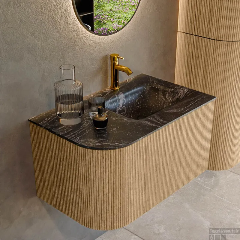 Dagaanbieding Mondiaz KURVE-DLUX 75 cm Onderkast Greeploos 1 Lade Met Deuren Oak, Wastafel Solid Surface Rechts Lava 1 Kraangat Zonder Spiegel (KRVGRU75L1L1D1KR-Oak/Lav)