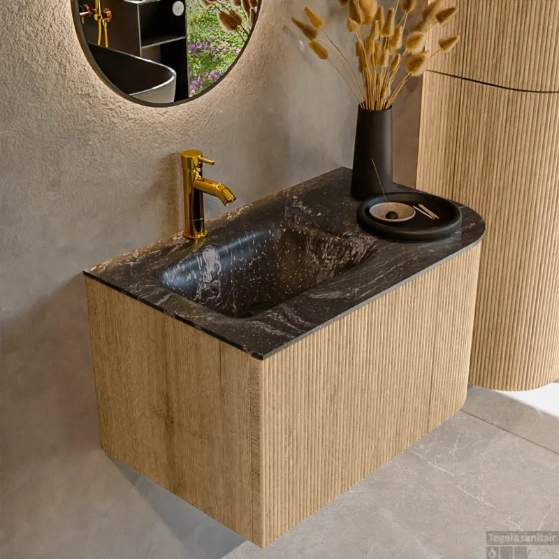 Mondiaz KURVE-DLUX 75 cm Onderkast Greeploos 1 Lade Met Deuren Oak, Wastafel Solid Surface Links Lava 1 Kraangat Zonder Spiegel (KRVGRU75R1L1D1KL-Oak/Lav) Premium