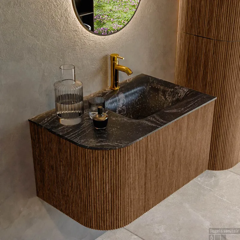Shop Nu Mondiaz KURVE-DLUX 75 cm Onderkast Greeploos 1 Lade Met Deuren Walnut, Wastafel Solid Surface Rechts Lava 1 Kraangat Zonder Spiegel (KRVGRU75L1L1D1KR-Wal/Lav)