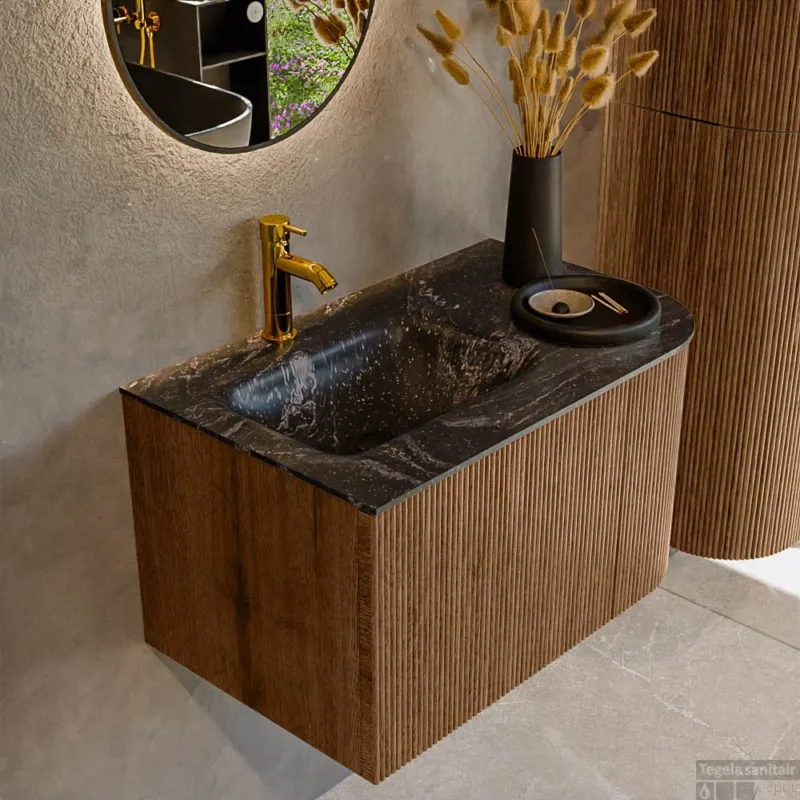 Gecertificeerd Mondiaz KURVE-DLUX 75 cm Onderkast Greeploos 1 Lade Met Deuren Walnut, Wastafel Solid Surface Links Lava 1 Kraangat Zonder Spiegel (KRVGRU75R1L1D1KL-Wal/Lav)