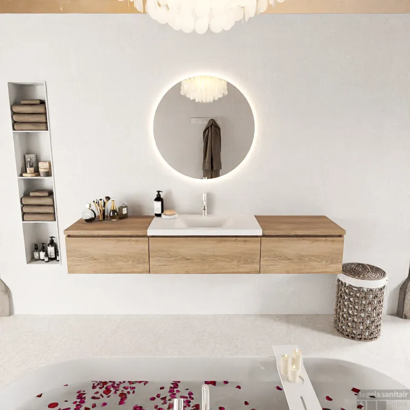 MONDIAZ BUKLA 200cm badmeubel met module 60 kleur Washed Oak met 3 lades. Wastafel CLOUD midden 1 kraangat kleur Talc. Hoge Kwaliteit