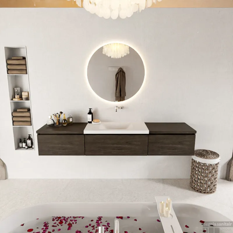 Koop Vandaag MONDIAZ BUKLA 200cm badmeubel met module 60 kleur Dark Brown met 3 lades. Wastafel CLOUD midden 0 kraangaten kleur Talc.