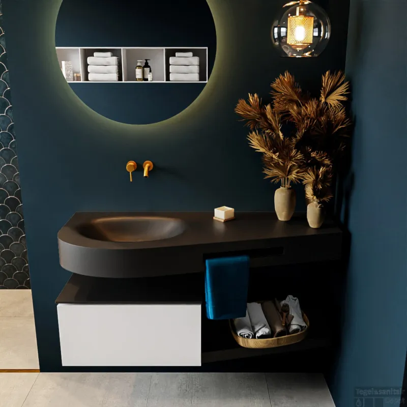 Lage Prijs MONDIAZ RIVA 120cm badmeubel onderkast / planchet kleur Talc met 1 lade. Wastafel DULCET links 0 kraangaten kleur Urban.