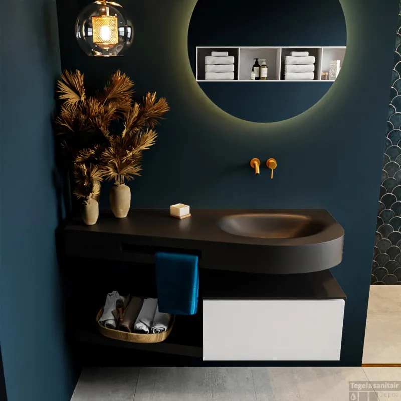 MONDIAZ RIVA 120cm badmeubel onderkast / planchet kleur Talc met 1 lade. Wastafel DULCET rechts 0 kraangaten kleur Urban. Speciale Aanbieding