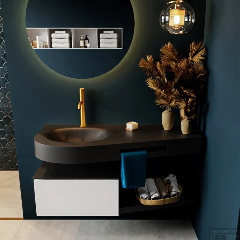 Premium MONDIAZ RIVA 120cm badmeubel onderkast / planchet kleur Talc met 1 lade. Wastafel DULCET links 1 kraangat kleur Urban.