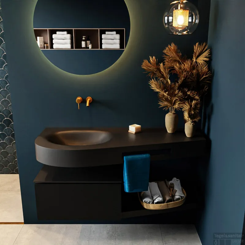 MONDIAZ RIVA 120cm badmeubel onderkast / planchet kleur Urban met 1 lade. Wastafel DULCET links 0 kraangaten kleur Urban. Lage Kosten