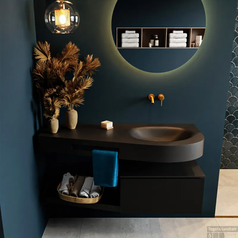 MONDIAZ RIVA 120cm badmeubel onderkast / planchet kleur Urban met 1 lade. Wastafel DULCET rechts 0 kraangaten kleur Urban. Merkproduct