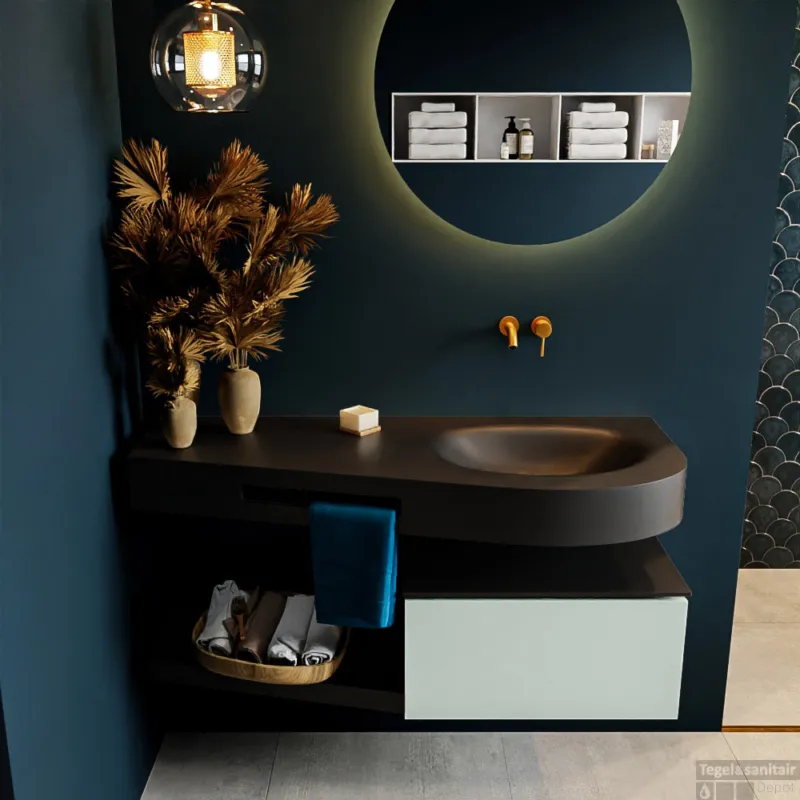 Must-Have MONDIAZ RIVA 120cm badmeubel onderkast / planchet kleur Greey met 1 lade. Wastafel DULCET rechts 0 kraangaten kleur Urban.