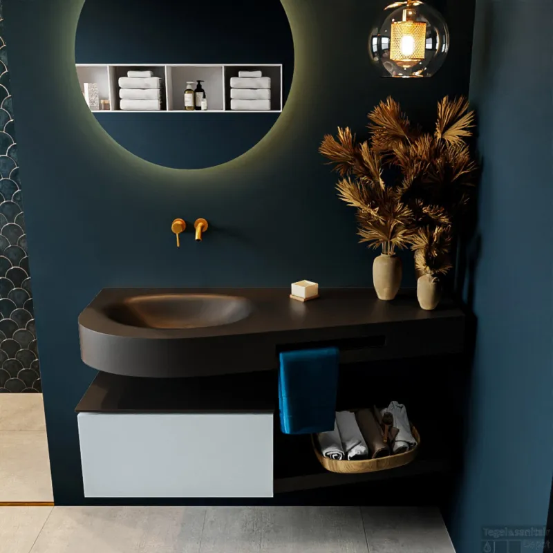 MONDIAZ RIVA 120cm badmeubel onderkast / planchet kleur Clay met 1 lade. Wastafel DULCET links 0 kraangaten kleur Urban. Gecertificeerd