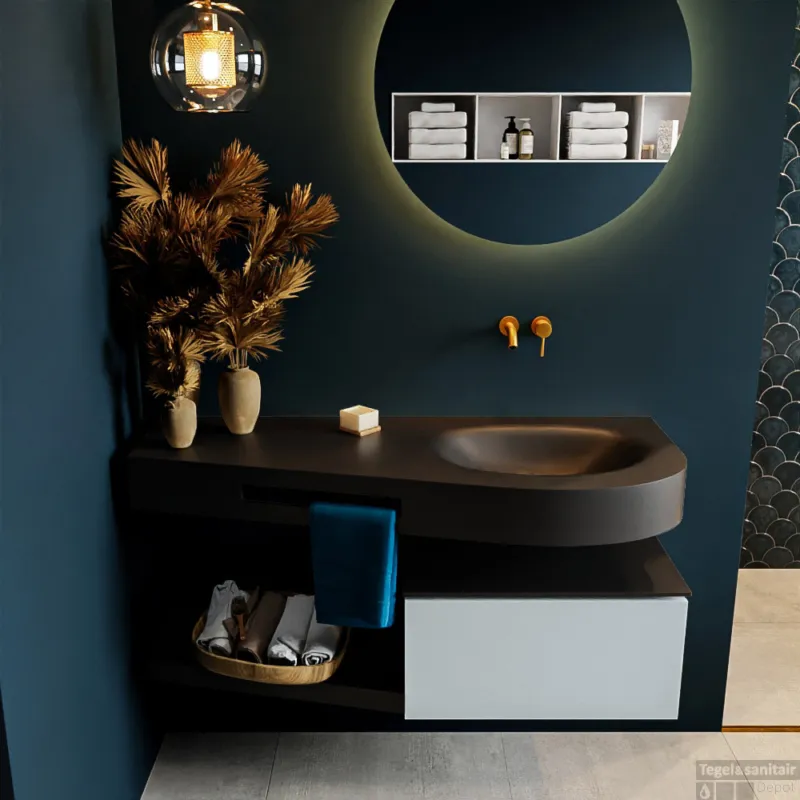 MONDIAZ RIVA 120cm badmeubel onderkast / planchet kleur Clay met 1 lade. Wastafel DULCET rechts 0 kraangaten kleur Urban. Bestseller