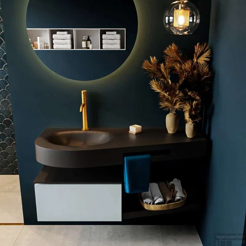 Must-Have MONDIAZ RIVA 120cm badmeubel onderkast / planchet kleur Clay met 1 lade. Wastafel DULCET links 1 kraangat kleur Urban.