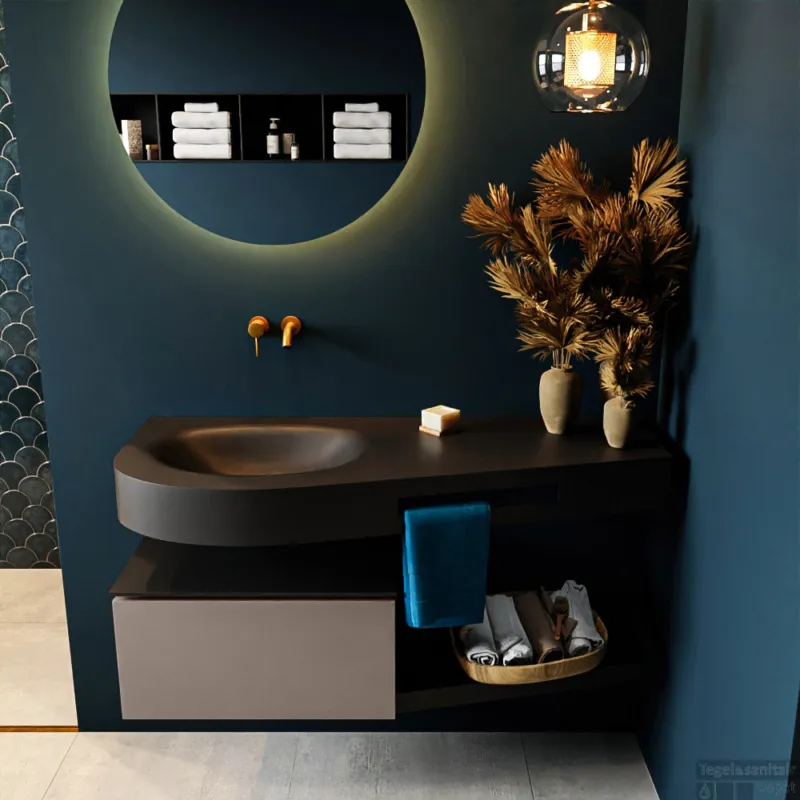 MONDIAZ RIVA 120cm badmeubel onderkast / planchet kleur Smoke met 1 lade. Wastafel DULCET links 0 kraangaten kleur Urban. Alleen Vandaag