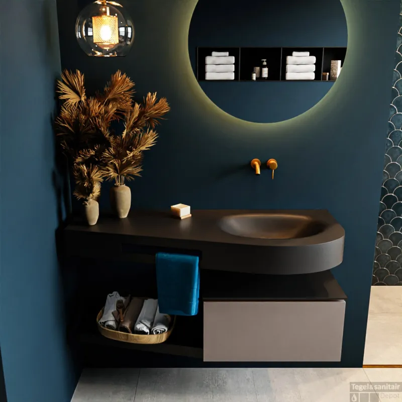 MONDIAZ RIVA 120cm badmeubel onderkast / planchet kleur Smoke met 1 lade. Wastafel DULCET rechts 0 kraangaten kleur Urban. Direct Beschikbaar