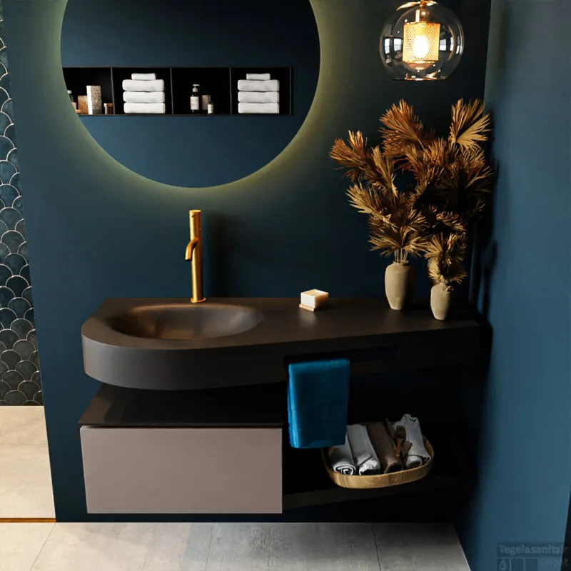 MONDIAZ RIVA 120cm badmeubel onderkast / planchet kleur Smoke met 1 lade. Wastafel DULCET links 1 kraangat kleur Urban. Aanbieding