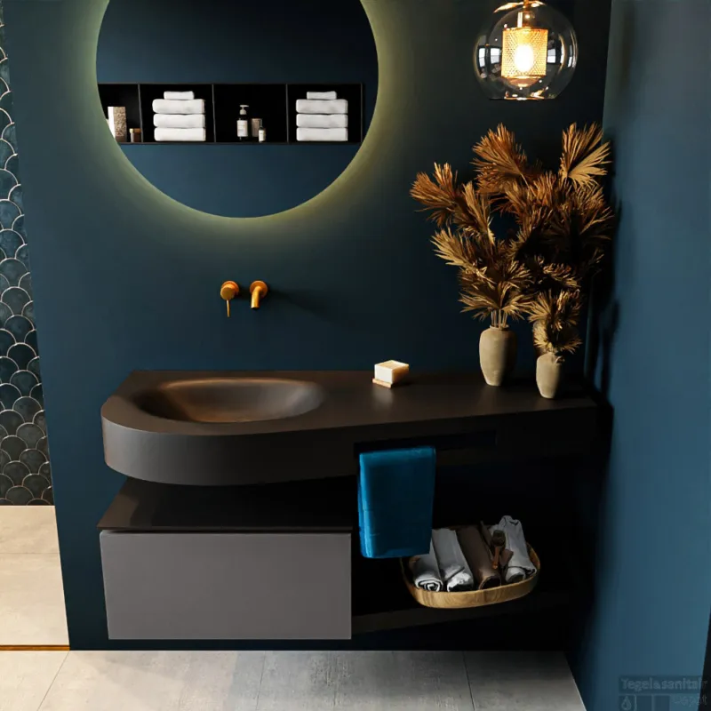 Gecertificeerd MONDIAZ RIVA 120cm badmeubel onderkast / planchet kleur Dark_Grey met 1 lade. Wastafel DULCET links 0 kraangaten kleur Urban.