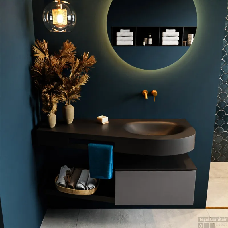 Koopje MONDIAZ RIVA 120cm badmeubel onderkast / planchet kleur Dark_Grey met 1 lade. Wastafel DULCET rechts 0 kraangaten kleur Urban.