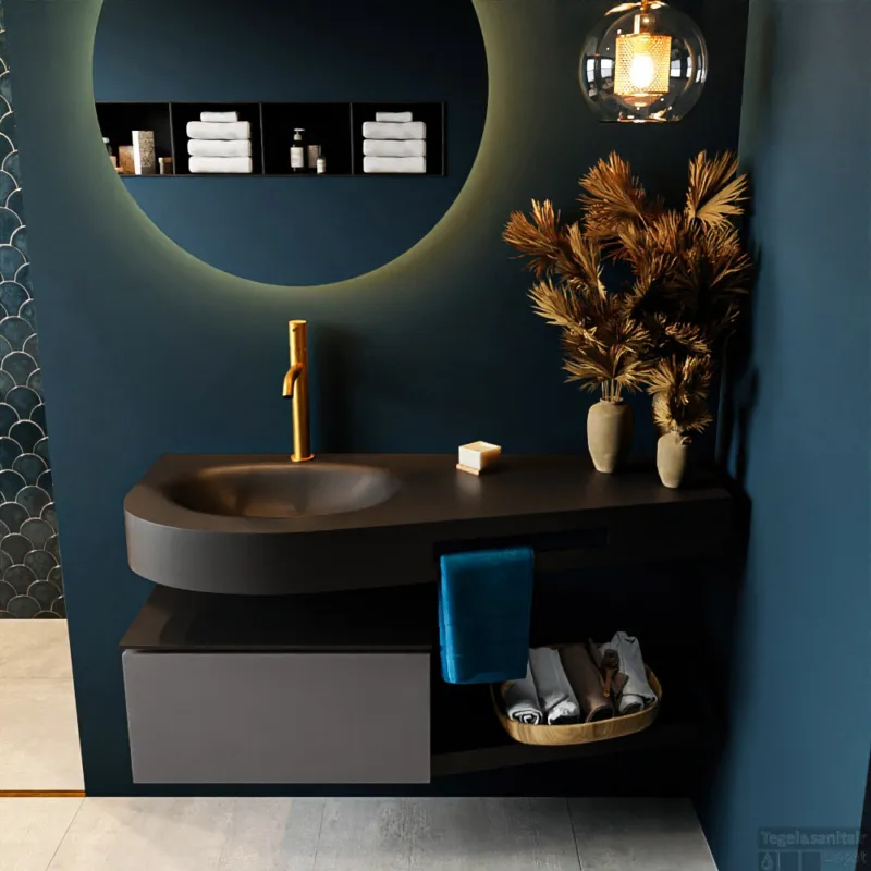 MONDIAZ RIVA 120cm badmeubel onderkast / planchet kleur Dark_Grey met 1 lade. Wastafel DULCET links 1 kraangat kleur Urban. Bestel Nu