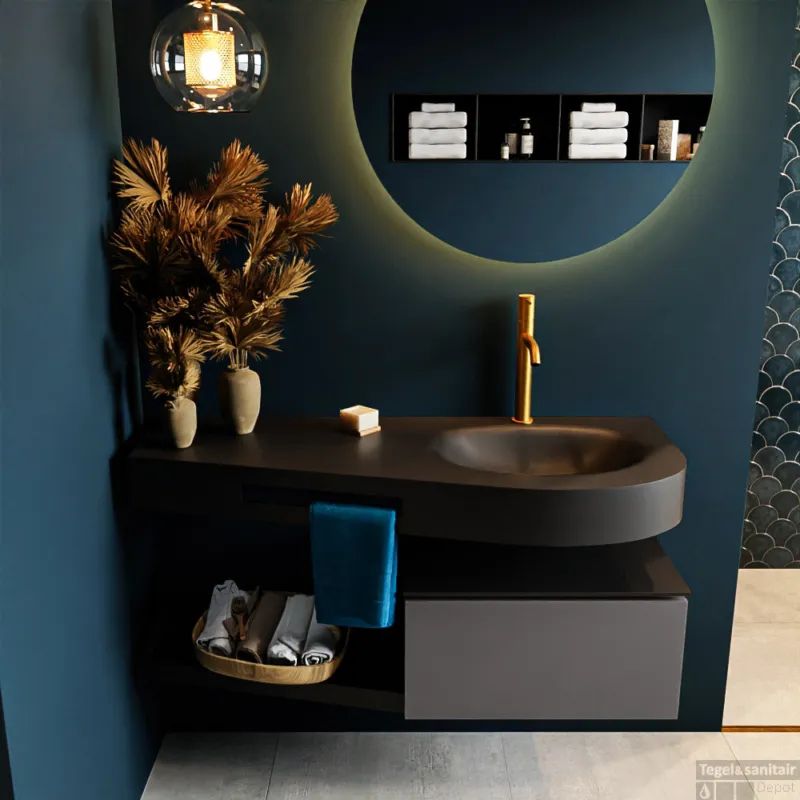 Rechtstreeks Van De Fabrikant MONDIAZ RIVA 120cm badmeubel onderkast / planchet kleur Dark_Grey met 1 lade. Wastafel DULCET rechts 1 kraangat kleur Urban.
