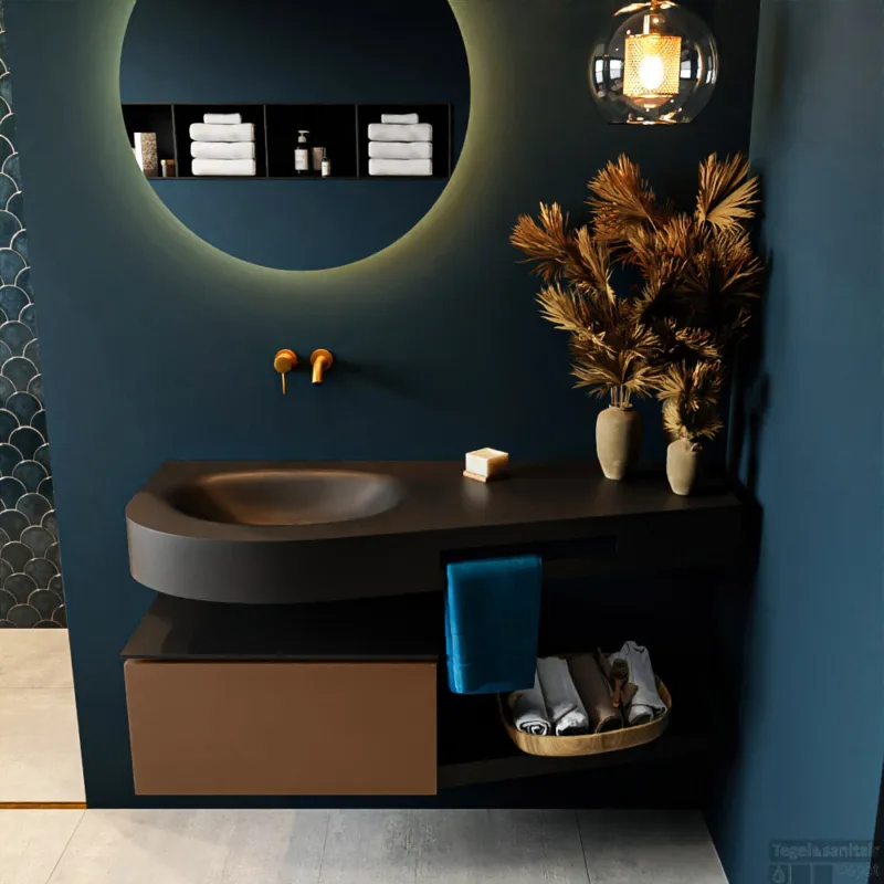 Shop Nu MONDIAZ RIVA 120cm badmeubel onderkast / planchet kleur Rust met 1 lade. Wastafel DULCET links 0 kraangaten kleur Urban.