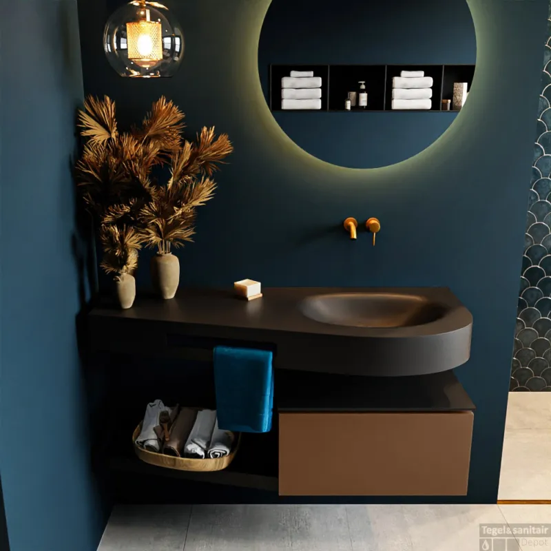 Laatste Kans MONDIAZ RIVA 120cm badmeubel onderkast / planchet kleur Rust met 1 lade. Wastafel DULCET rechts 0 kraangaten kleur Urban.