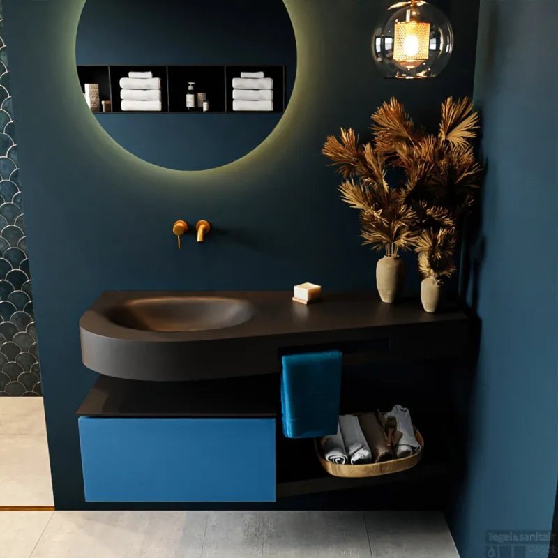 MONDIAZ RIVA 120cm badmeubel onderkast / planchet kleur Jeans met 1 lade. Wastafel DULCET links 0 kraangaten kleur Urban. Veilige Betaling