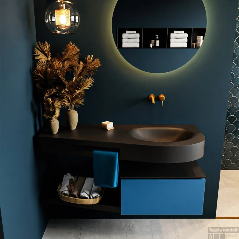 MONDIAZ RIVA 120cm badmeubel onderkast / planchet kleur Jeans met 1 lade. Wastafel DULCET rechts 0 kraangaten kleur Urban. Voordeelprijs