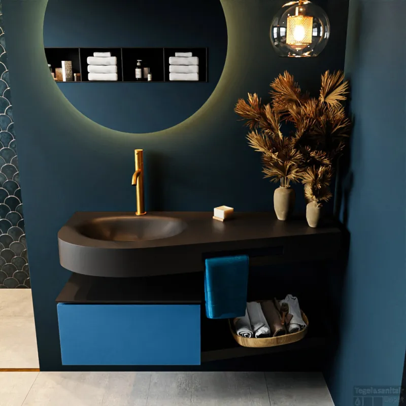 MONDIAZ RIVA 120cm badmeubel onderkast / planchet kleur Jeans met 1 lade. Wastafel DULCET links 1 kraangat kleur Urban. Premium