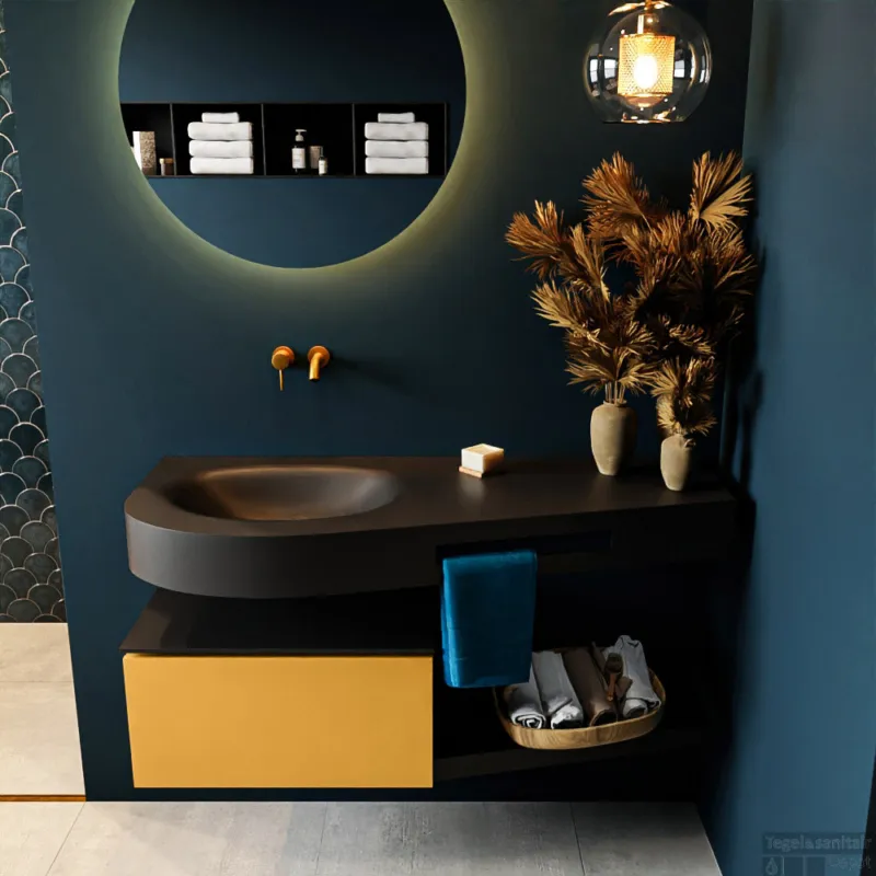 MONDIAZ RIVA 120cm badmeubel onderkast / planchet kleur Ocher met 1 lade. Wastafel DULCET links 0 kraangaten kleur Urban. Veilige Betaling