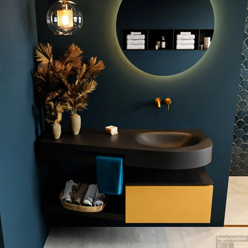MONDIAZ RIVA 120cm badmeubel onderkast / planchet kleur Ocher met 1 lade. Wastafel DULCET rechts 0 kraangaten kleur Urban. Hete Deal