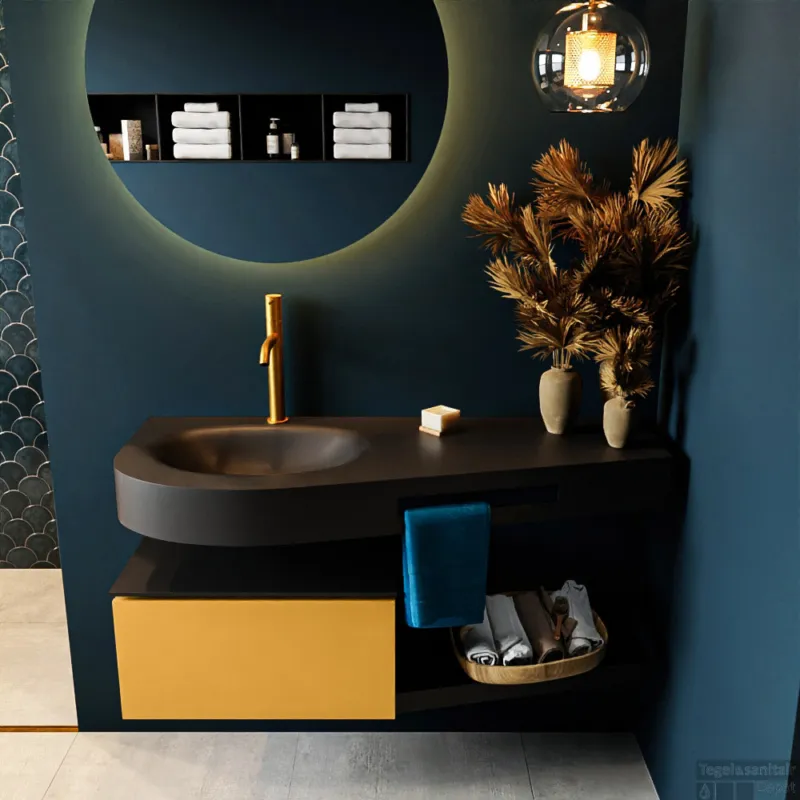 Nieuw MONDIAZ RIVA 120cm badmeubel onderkast / planchet kleur Ocher met 1 lade. Wastafel DULCET links 1 kraangat kleur Urban.