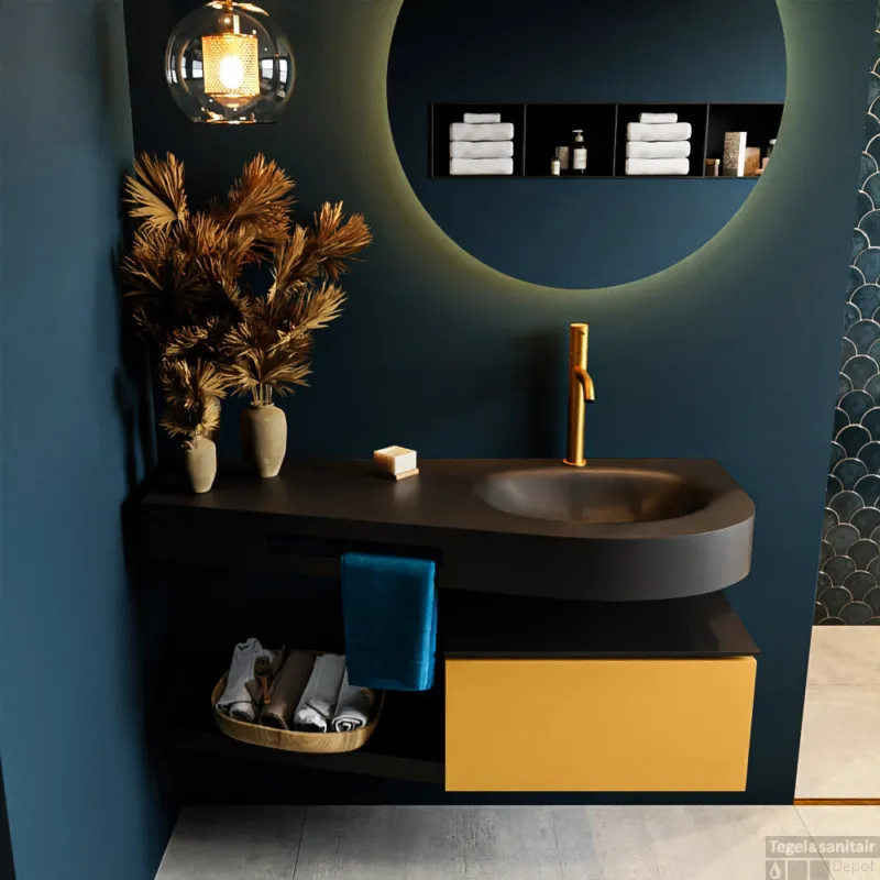 Korting MONDIAZ RIVA 120cm badmeubel onderkast / planchet kleur Ocher met 1 lade. Wastafel DULCET rechts 1 kraangat kleur Urban.