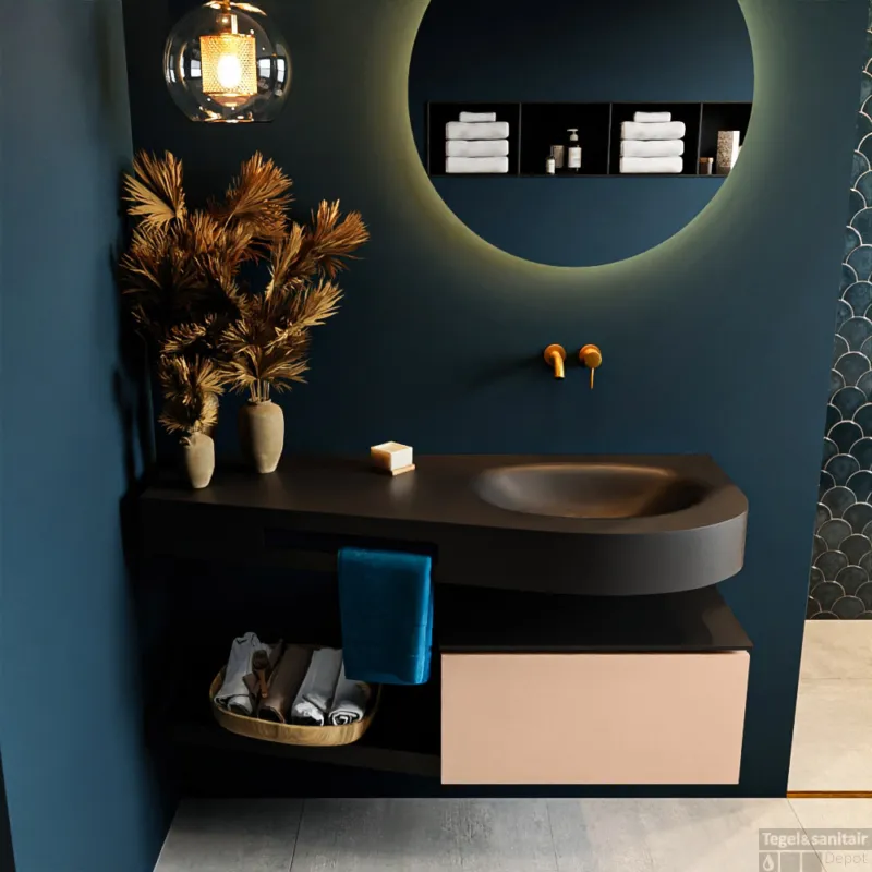 MONDIAZ RIVA 120cm badmeubel onderkast / planchet kleur Rosee met 1 lade. Wastafel DULCET rechts 0 kraangaten kleur Urban. Favoriet