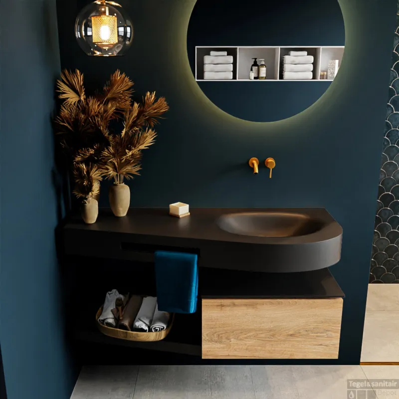 Must-Have MONDIAZ RIVA 120cm badmeubel onderkast / planchet kleur Washed_Oak met 1 lade. Wastafel DULCET rechts 0 kraangaten kleur Urban.